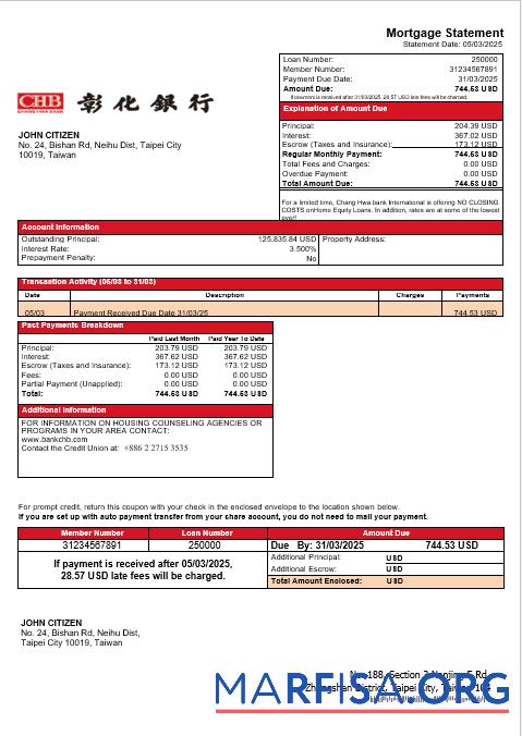 Printable Taiwan Chang Hwa Bank mortgage statement in Word and PDF formats real example
